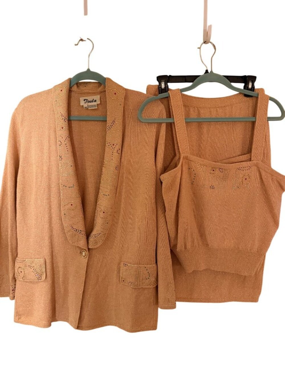 Toula Womens Embellished Metallic Knit Skirt Jacket Top Set Size 14 Vintage